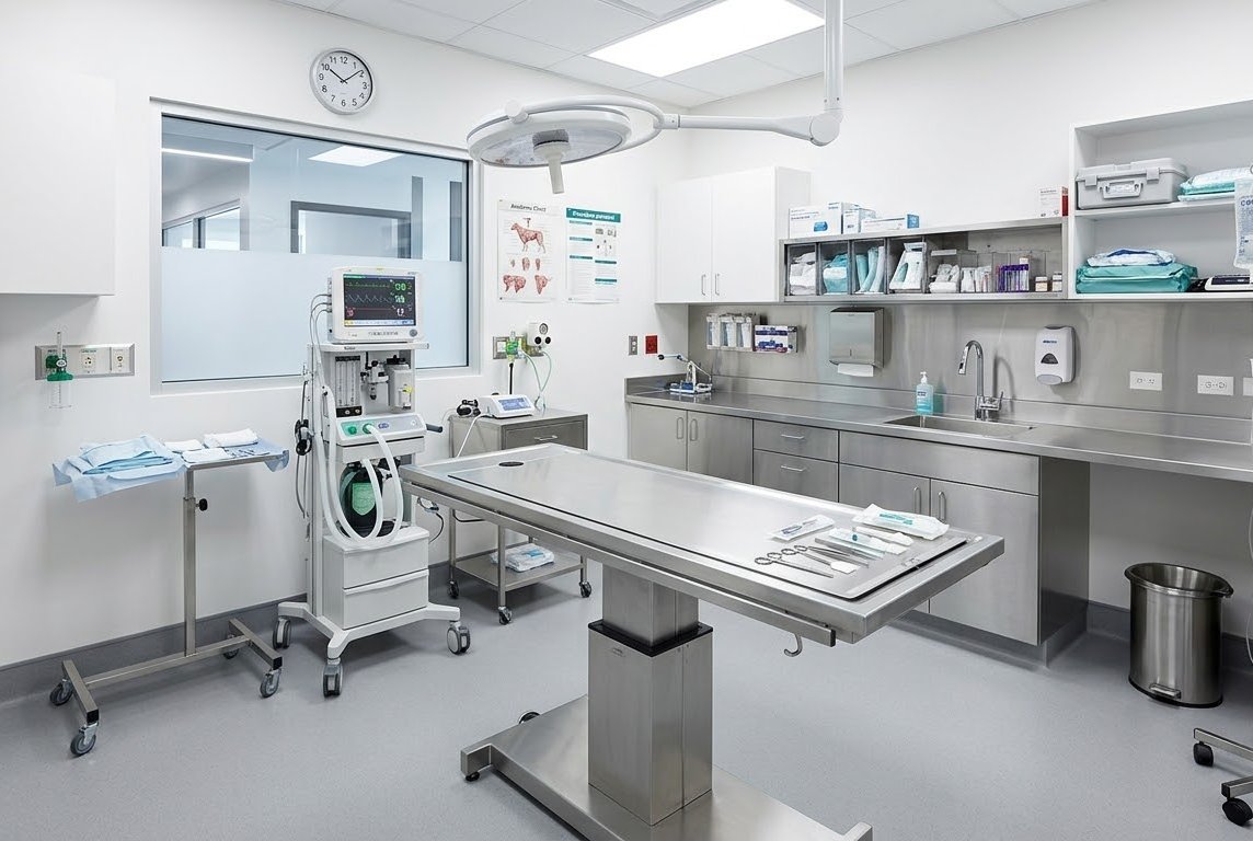 Modern veterinary clinic procedure room with treatment unit and sterilization equipment